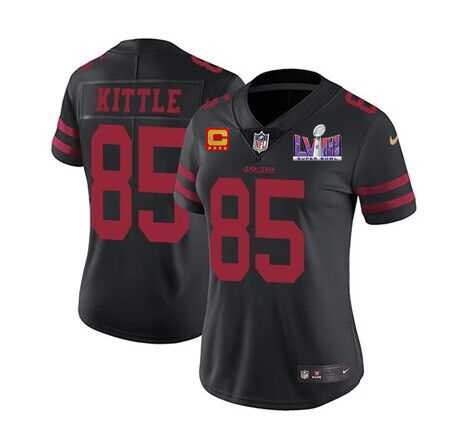 Women's San Francisco 49ers #85 George Kittle Black Super Bowl LVIII Patch And 4-star C Patch Vapor Untouchable Limited Stitched Jersey(Runs Small),We sell and wholesale Women's San Francisco 49ers #85 George Kittle Black Super Bowl LVIII Patch And 4-star C Patch Vapor Untouchable Limited Stitched Jersey(Runs Small) on line form chian!